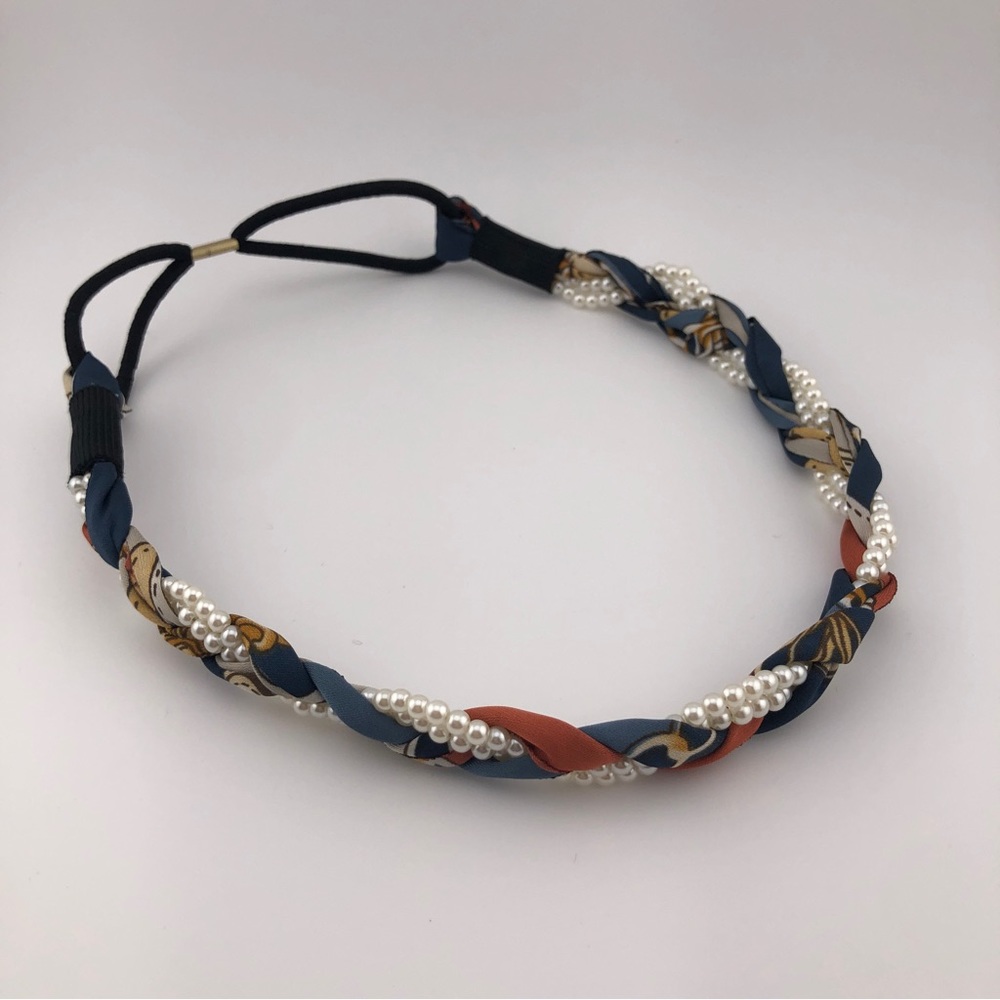 Faux Pearl and Fabric Braided Headband, New, Handmade - Blue